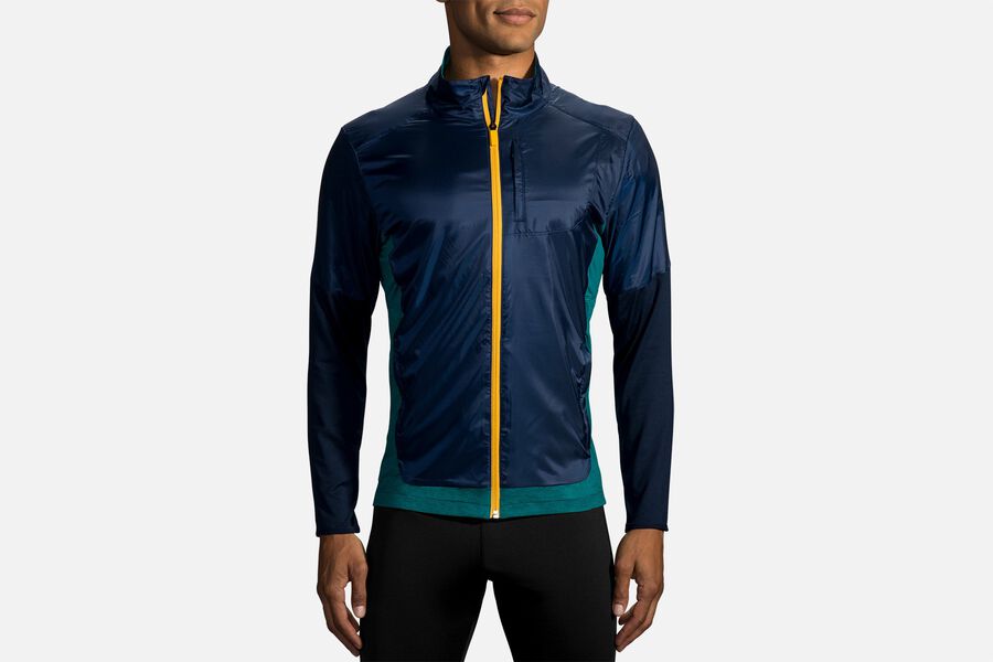 Mens Brooks Fusion Hybrid Outerwear Navy/Heather Spruce | 652174-CFJ